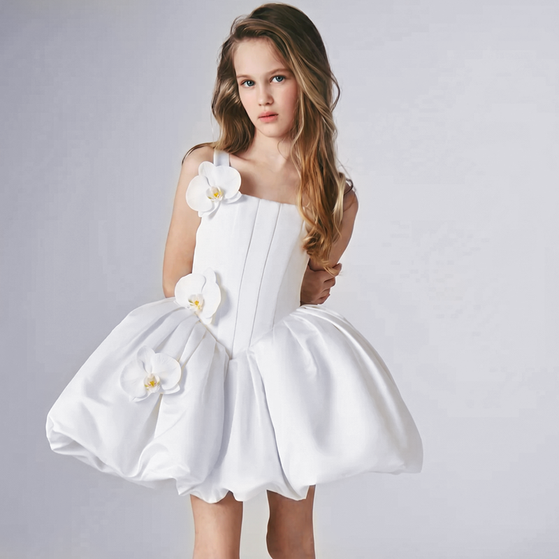 Satin Rosette Sleeveless Short Dresses - White - 8Y - image 1