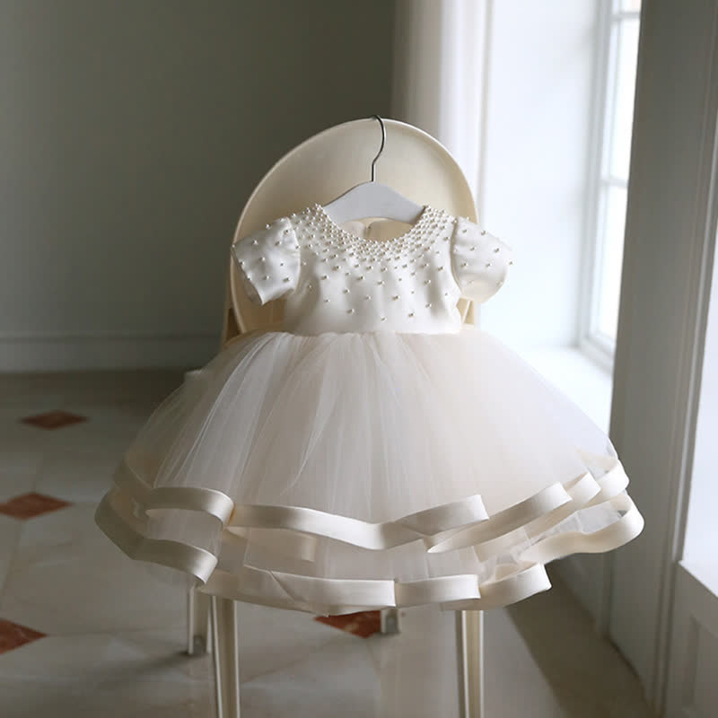 Satin Pearl Short Sleeve Midi Dresses - White - 11-13Y - image 1