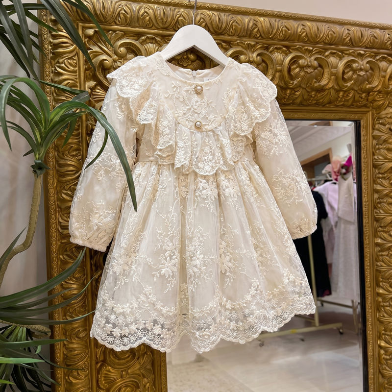 Lace Stitching Lace Long Sleeve Midi Dresses - Beige - 7-9Y - image 1
