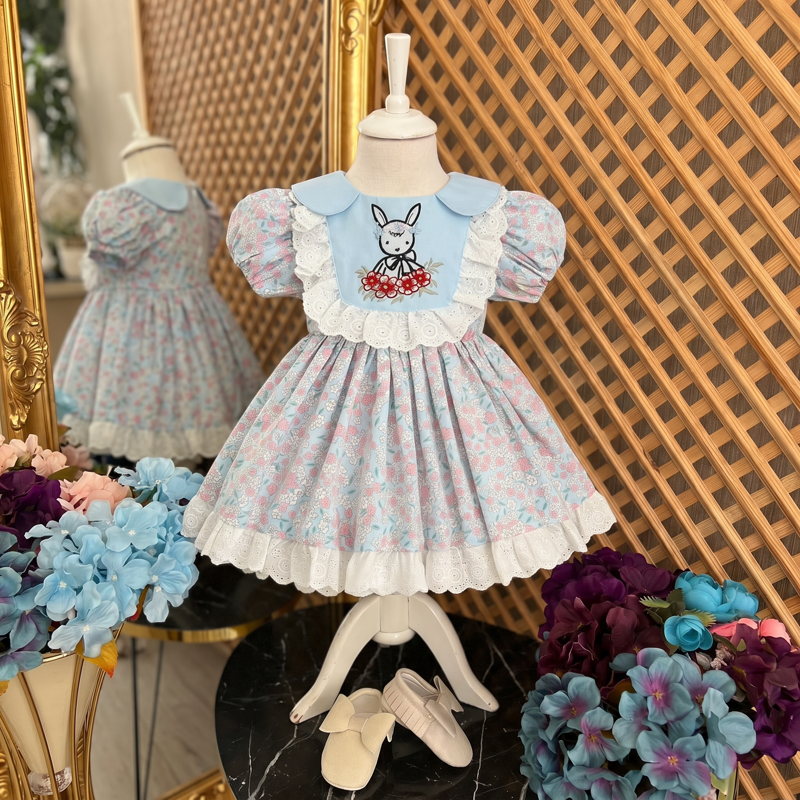 Chemical Fiber Blend Embroidery Short Sleeve Midi Dresses - Light blue - 3-4Y - image 1