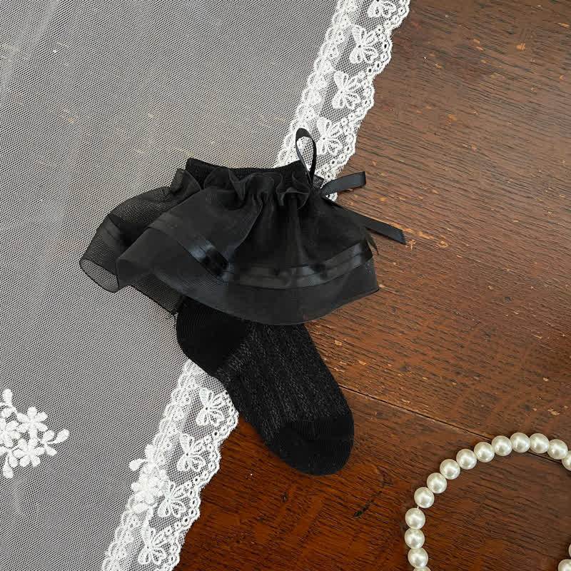 Stripes Stitching Lace Socks - Black - 18-20cm - image 4