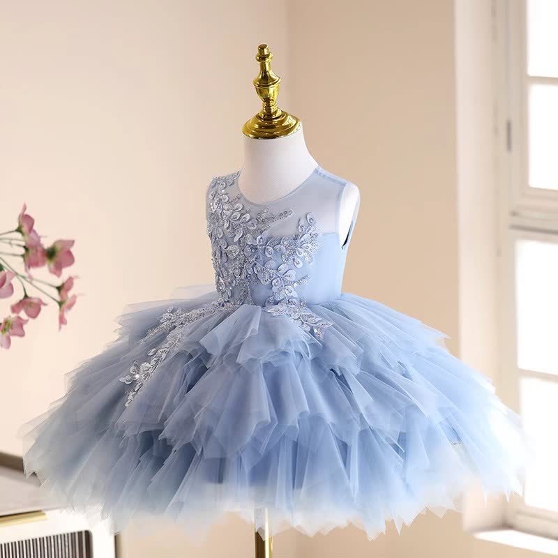 Satin Beaded Sleeveless 
Short Dresses - Light Blue - 9-11Y - image 1