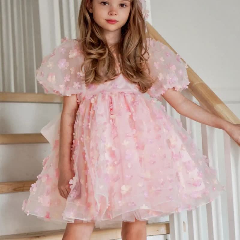 Embroidery Mesh Rosette Short Sleeve midi Dresses - Pink - 15-16Y - image 1