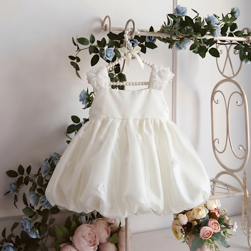 Satin Rosette Sleeveless 
Short Dresses - Cream - 6-7Y - image 1