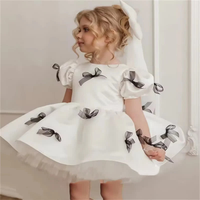 Satin Bow Short Sleeve Midi Dresses - White - 11-12Y - image 1
