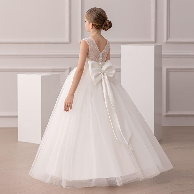 Mesh Bow Sleeveless Maxi Dresses - White - 14Y - image 1