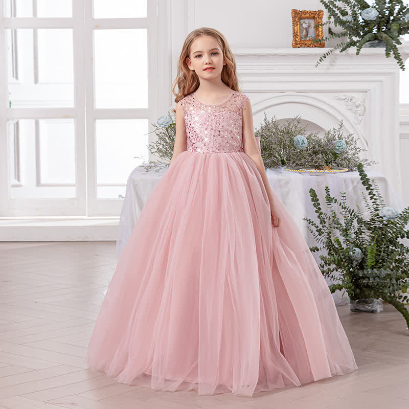 Mesh Bow Sleeveless Maxi Dresses - Pink - 14Y - image 5