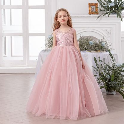 Mesh Bow Sleeveless Maxi Dresses - Pink - 14Y - image 5