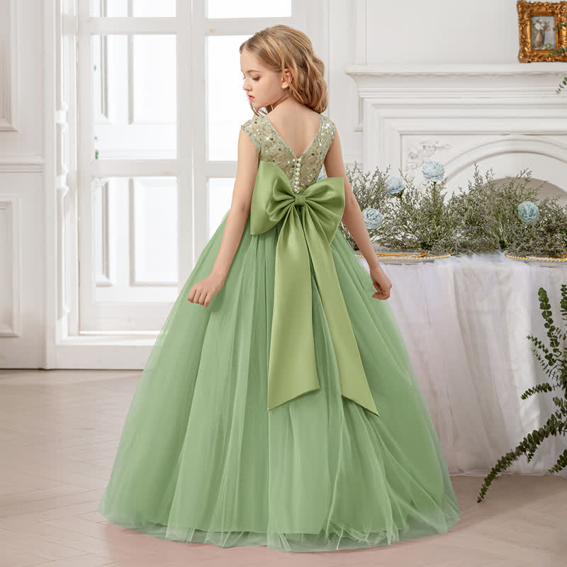 Mesh Bow Sleeveless Maxi Dresses - Light Green - 14Y - image 8