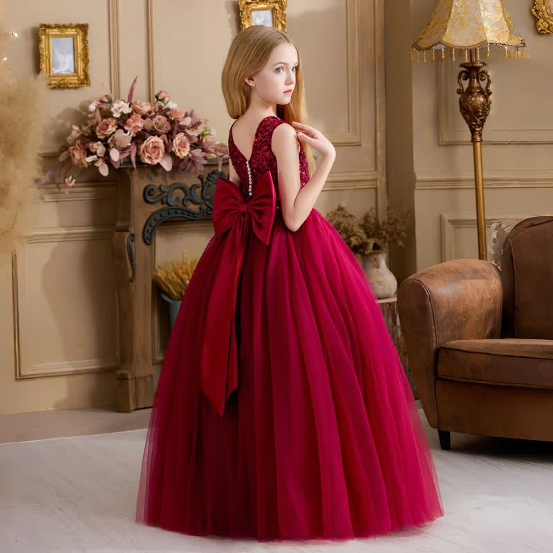 Mesh Bow Sleeveless Maxi Dresses - Wine - 14Y - image 9