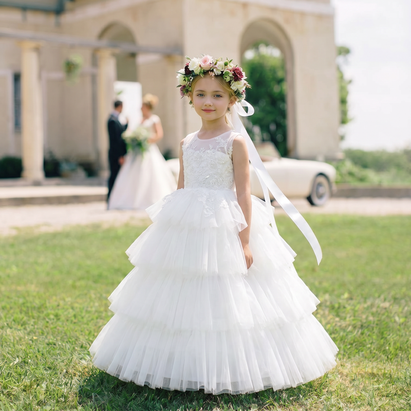 Mesh Applique Sleeveless Maxi Dresses - White - 12-13Y - image 1