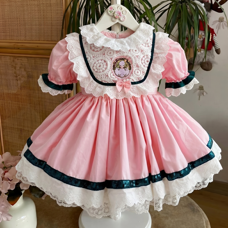 Lace Stitching Lace Short Sleeve Midi Dresses - Pink - 7-8Y - image 1