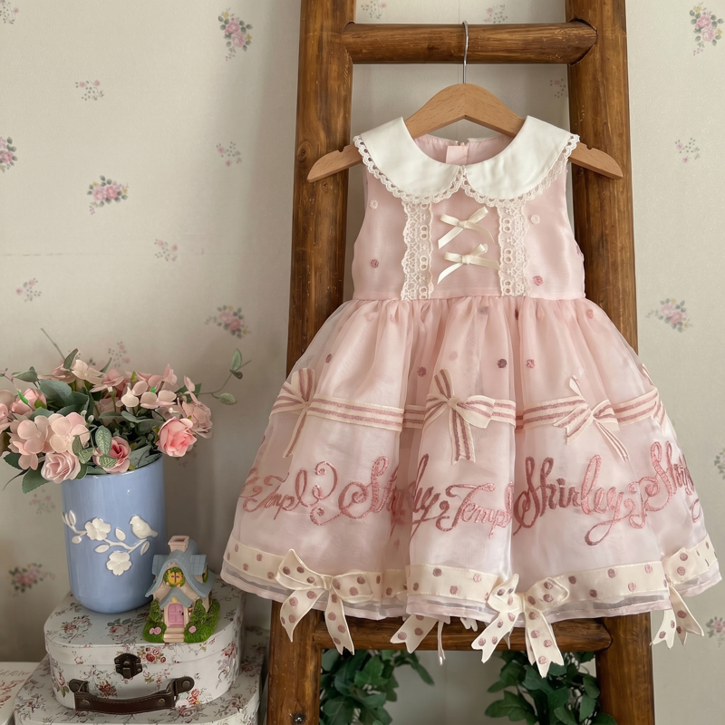 Organza Bow Short Sleeve Midi Dresses - Pink - 7-8Y - image 1