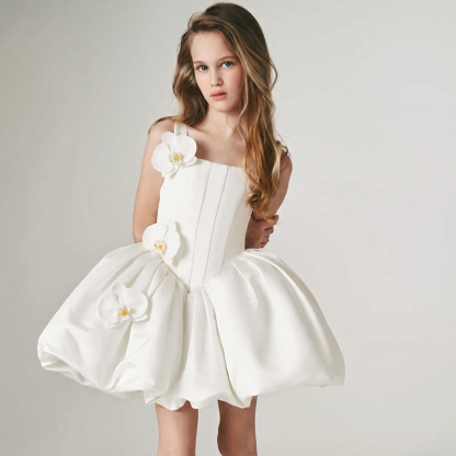 Satin Rosette Sleeveless Short Dresses - White - 8Y - image 1