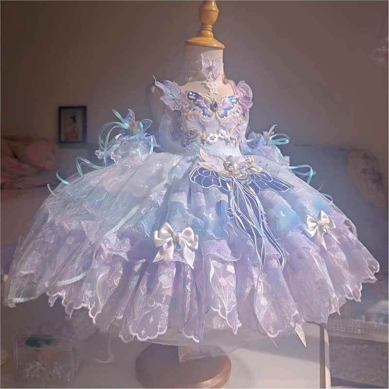 Embroidery Mesh Embroidery Bow Sleeveless Short Dresses - Light blue - 13-14Y - image 1