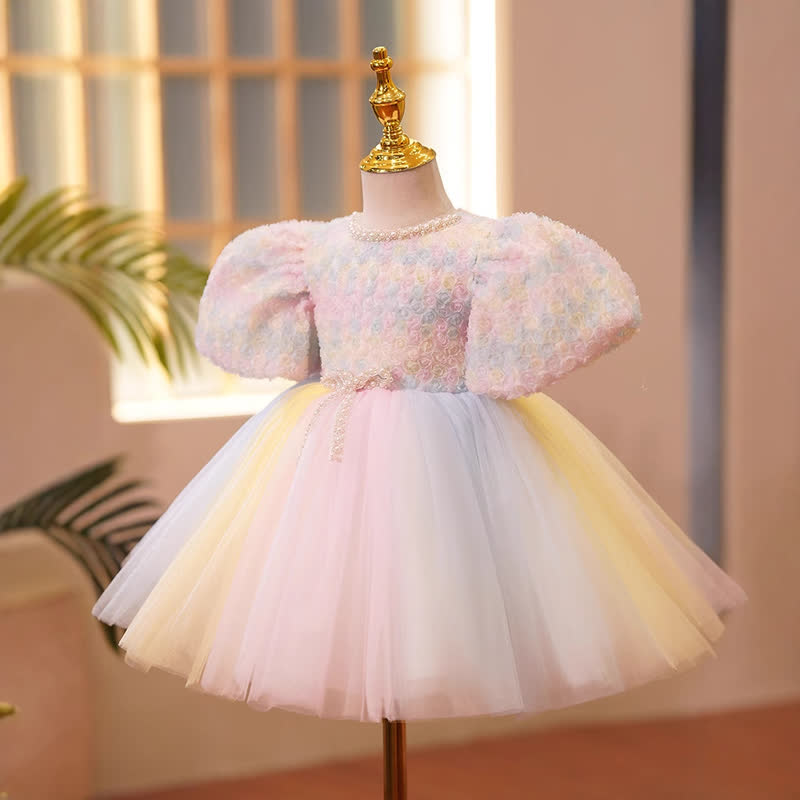 Mesh Pearl  Rosette Short Sleeve Short Dresses - Pink - 13-14Y - image 1