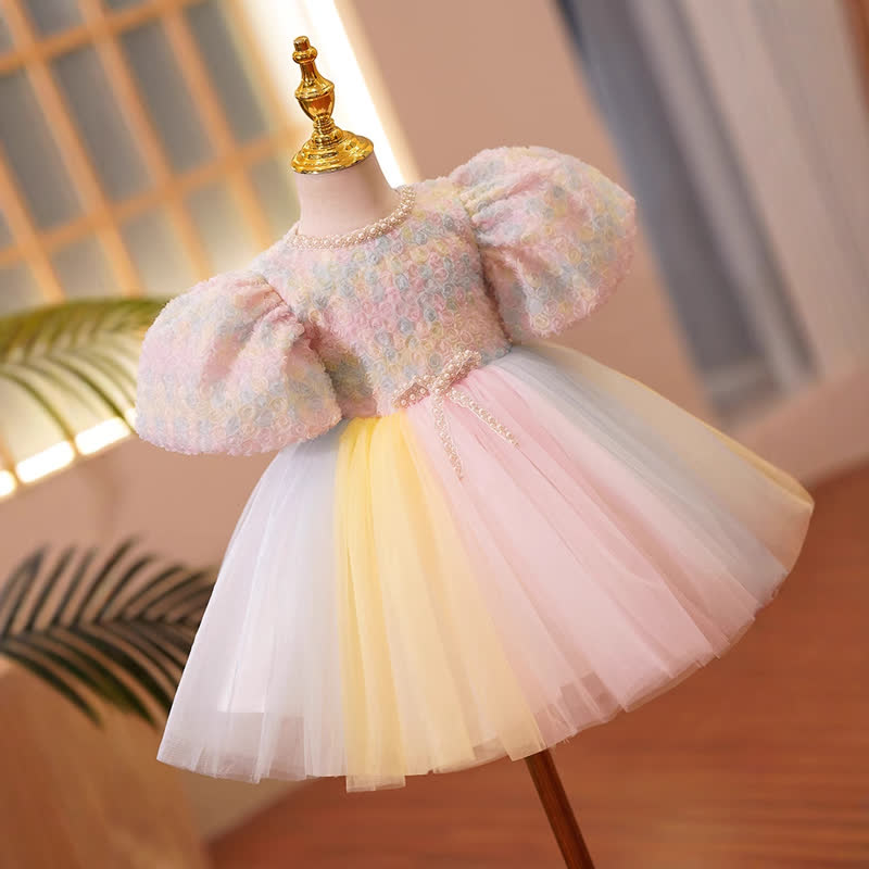 Mesh Pearl  Rosette Short Sleeve Short Dresses - image 3