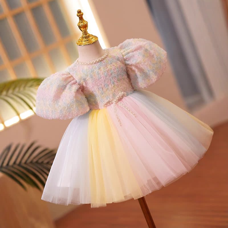 Mesh Pearl  Rosette Short Sleeve Short Dresses - image 3