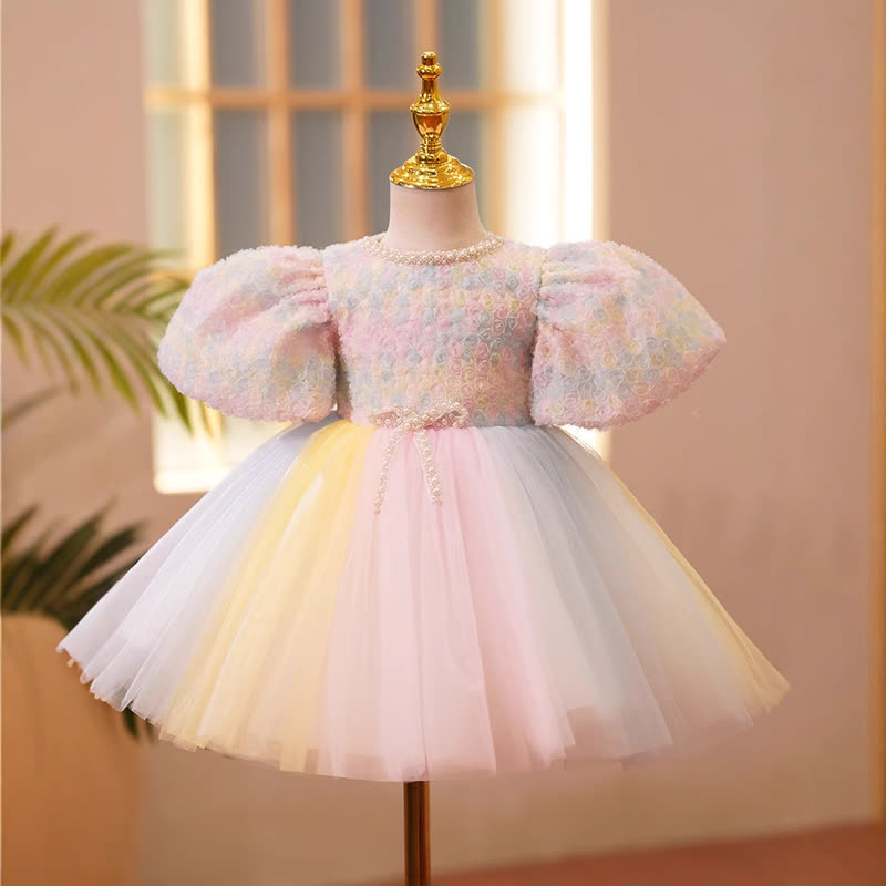 Mesh Pearl  Rosette Short Sleeve Short Dresses - image 2