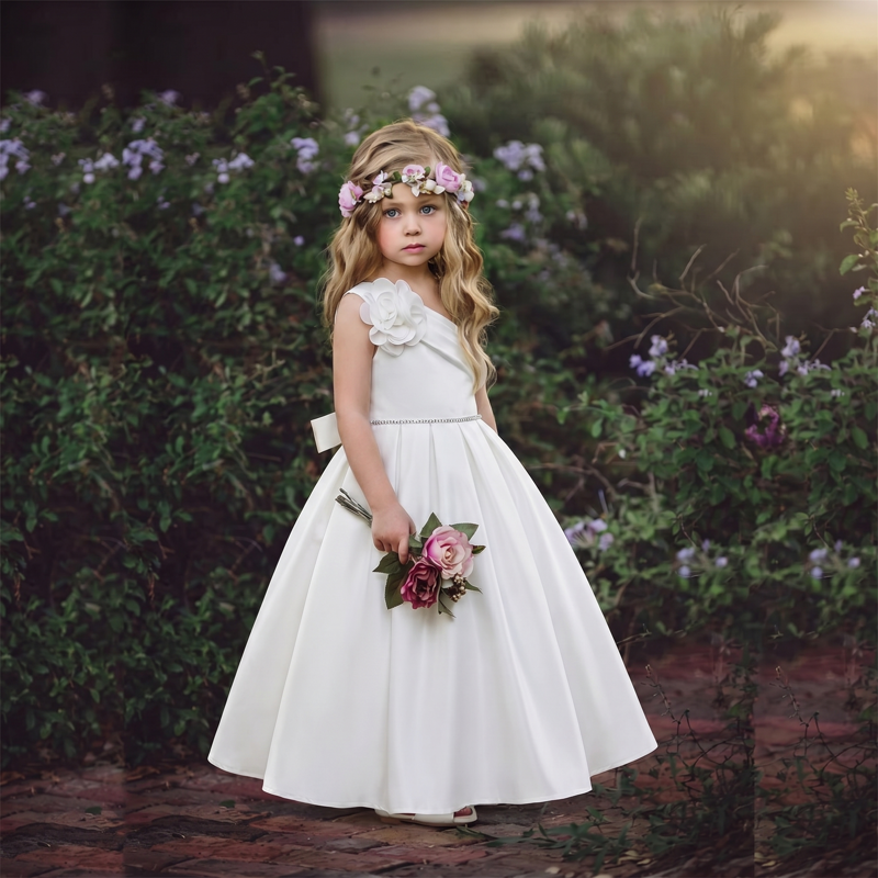 Satin Rosette Sleeveless Maxi Dresses - White - 7Y - image 1