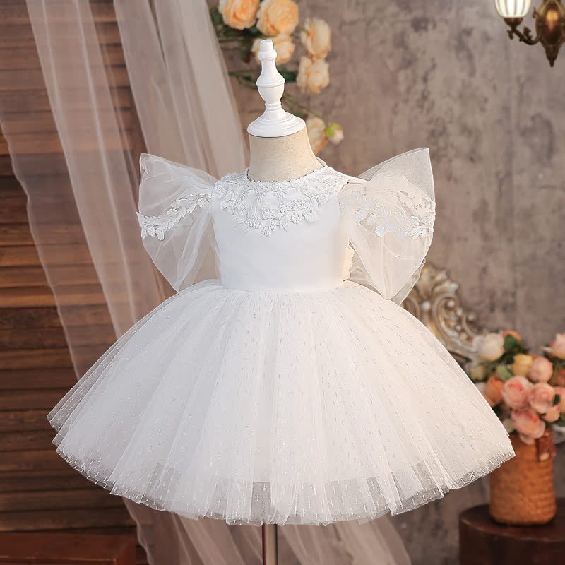 Mesh & Jacquard Lace Short Sleeve Short Dresses - White - 18-24M - image 1