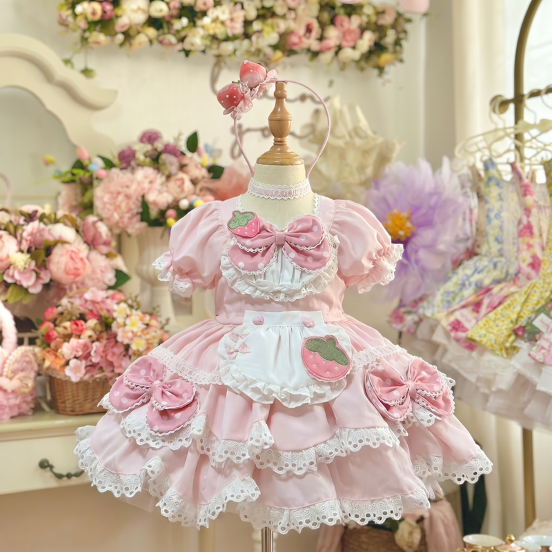 Polyester Cotton Lace Edge Short Sleeve Short Dresses - Pink - 15-16Y - image 1