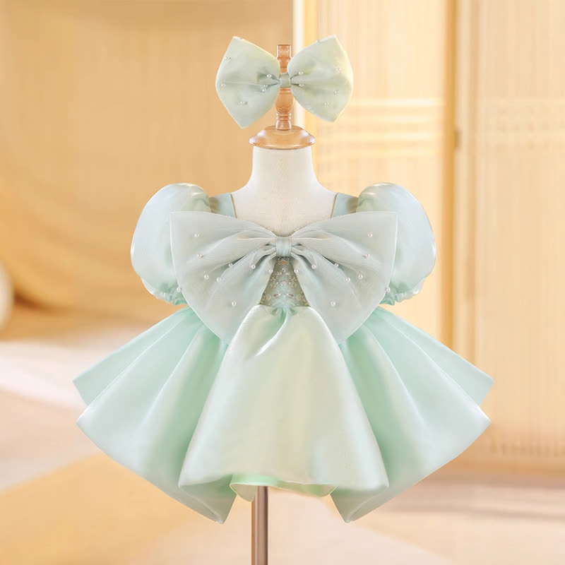 Organza Beaded Bow Short Sleeve Short Dresses - Mint Green - 9-10Y - image 1