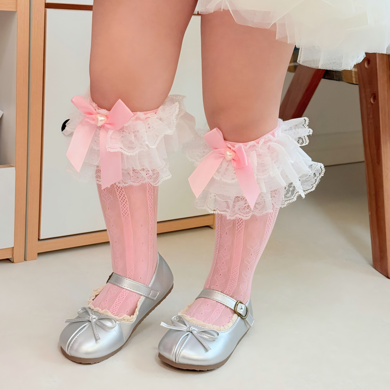 Solid With Bow Socks - White Lace Pink Style - image 9