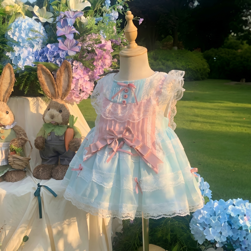 Organza Stitching Lace Bow Sleeveless Short Dresses - Cyan - 6-7Y - image 1