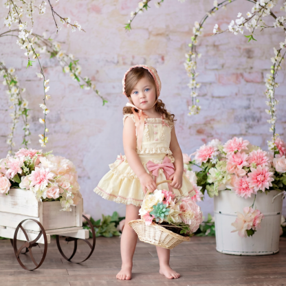 Polyester Cotton Stitching Lace Bow Sleeveless Short Two-piece Set - Apricot Pink - 7-9Y - image 1