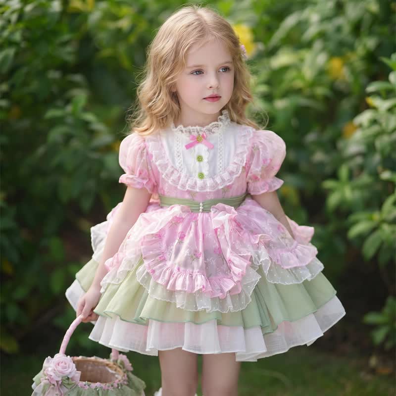Organza Stitching Lace Bow Short Sleeve Short Dresses Without Hat - Pink - 13-14Y - image 1