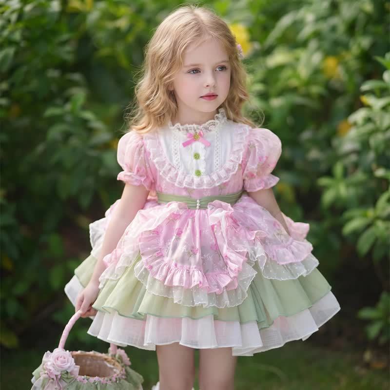 Organza Stitching Lace Bow Short Sleeve Short Dresses Without Hat - Pink - 13-14Y - image 1