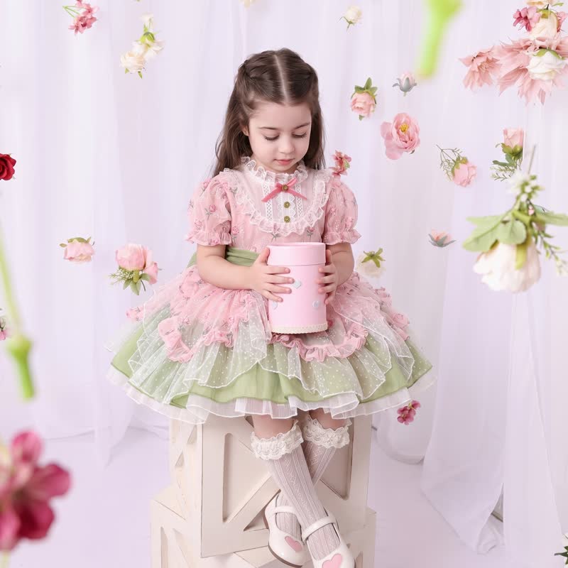 Organza Stitching Lace Bow Short Sleeve Short Dresses Without Hat - image 3