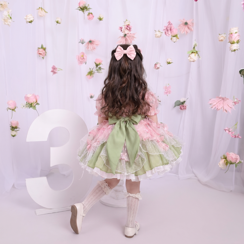 Organza Stitching Lace Bow Short Sleeve Short Dresses Without Hat - image 5