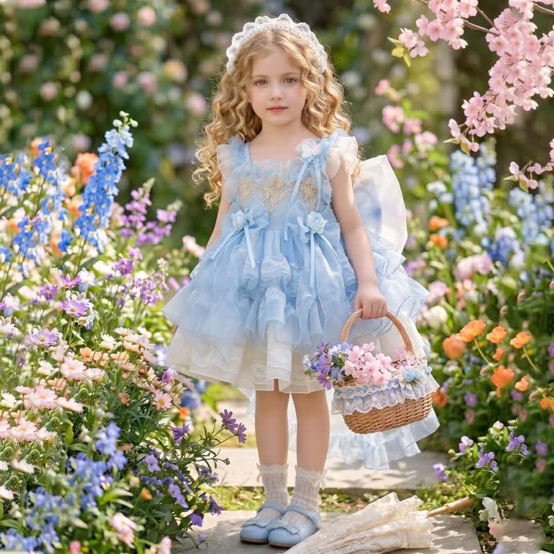 Organza Stitching Lace Bow Cap Sleeve Short Dresses - Light Blue - 13-14Y - image 1