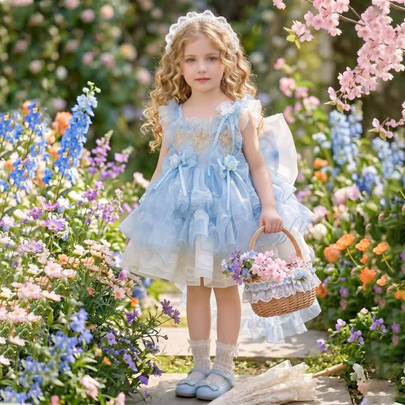 Organza Stitching Lace Bow Cap Sleeve Short Dresses - Light Blue - 13-14Y - image 1