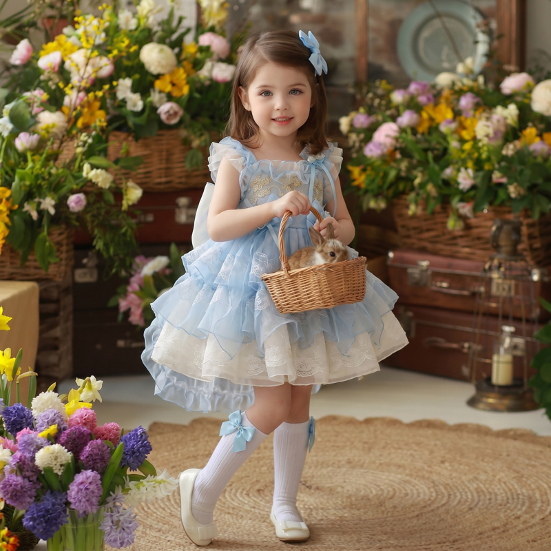 Organza Stitching Lace Bow Cap Sleeve Short Dresses - image 3