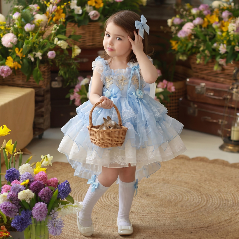 Organza Stitching Lace Bow Cap Sleeve Short Dresses - image 2