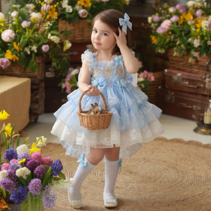Organza Stitching Lace Bow Cap Sleeve Short Dresses - image 2