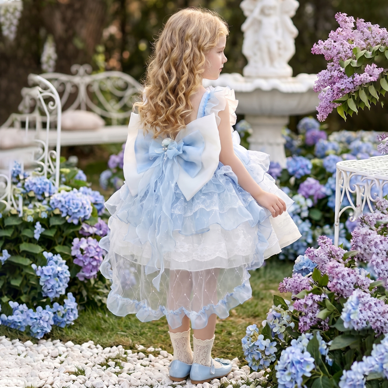 Organza Stitching Lace Bow Cap Sleeve Short Dresses - image 4