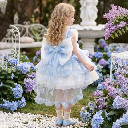 Organza Stitching Lace Bow Cap Sleeve Short Dresses - image 4