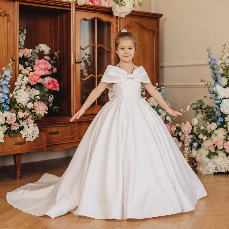 Satin Bow Sleeveless Long Dresses - White - 13-14Y - image 1