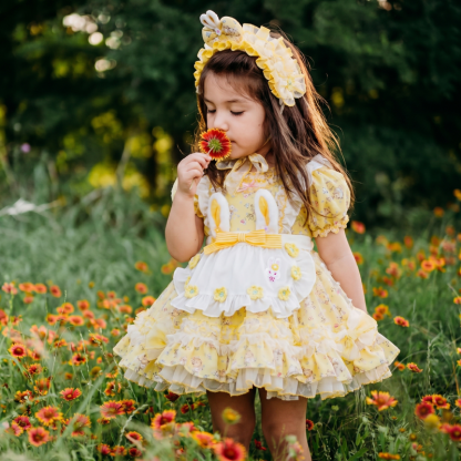 Polyester Cotton Stitching Lace Bow Short Sleeve Short Dresses - Light Yellow - 13-14Y - image 1