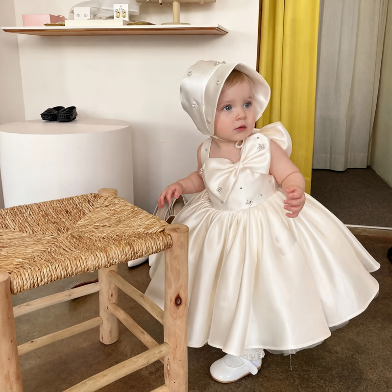 Satin Bow Rhinestone Sleeveless Midi Dresses - Champagne - 11-13Y - image 1