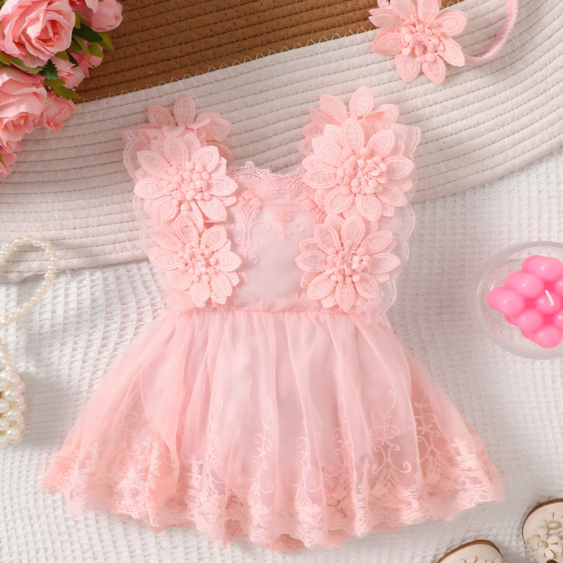 Mesh Lace Edge Sleeveless Short Bodysuit - Pink - 1Y-2Y - image 10