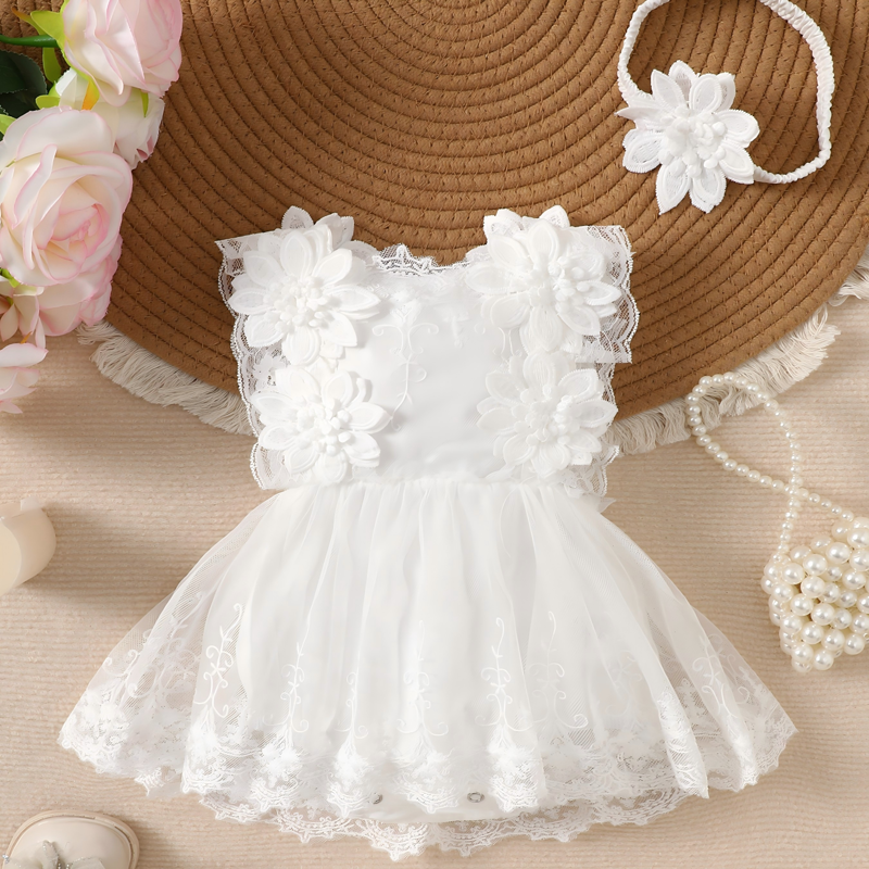Mesh Lace Edge Sleeveless Short Bodysuit - White - 1Y-2Y - image 1