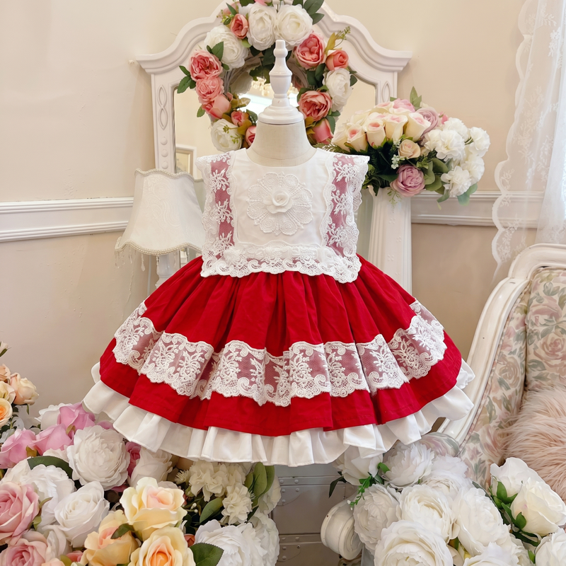 100% Cotton Stitching Lace Sleeveless Short Two-piece Set - Red - 6-7Y - image 1
