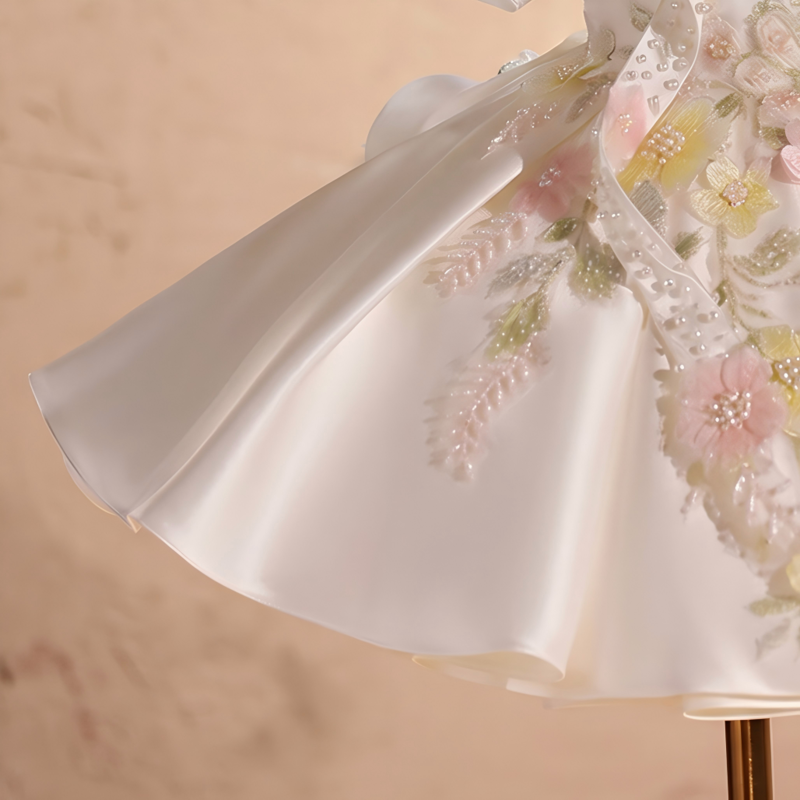 Satin & Embroidery Mesh Bow Rosette Short Sleeve Short Dresses - image 5