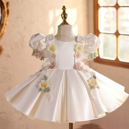 Satin & Embroidery Mesh Bow Rosette Short Sleeve Short Dresses - image 3
