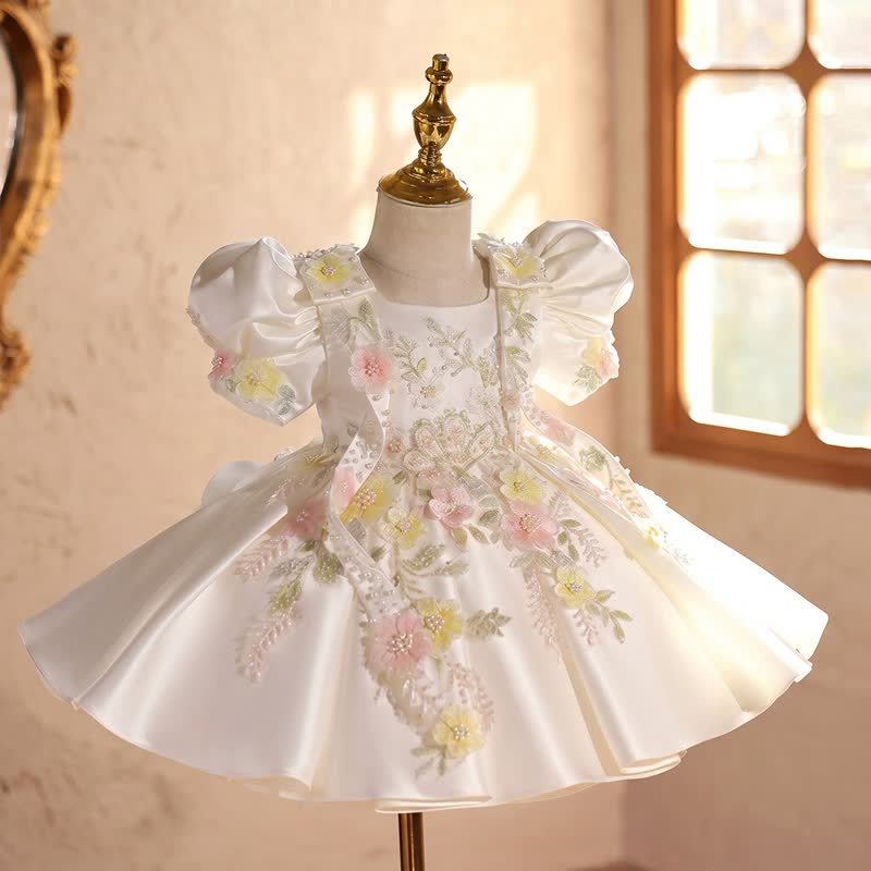 Satin & Embroidery Mesh Bow Rosette Short Sleeve Short Dresses - image 2